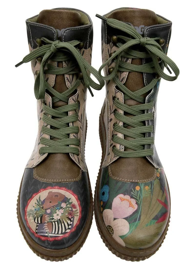 Women Vegan Leather Khaki Long Boots - Bear and Flowers Design