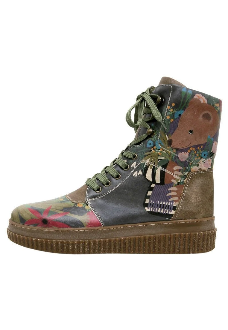Women Vegan Leather Khaki Long Boots - Bear and Flowers Design