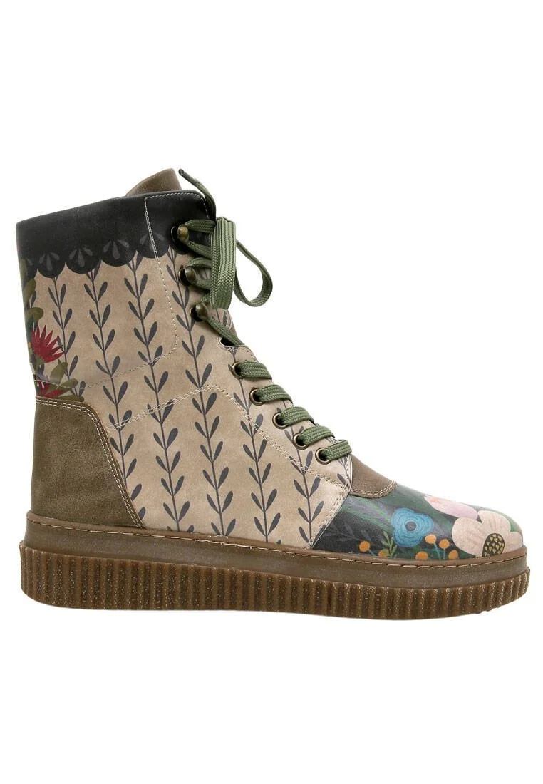 Women Vegan Leather Khaki Long Boots - Bear and Flowers Design