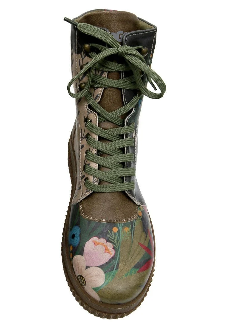 Women Vegan Leather Khaki Long Boots - Bear and Flowers Design