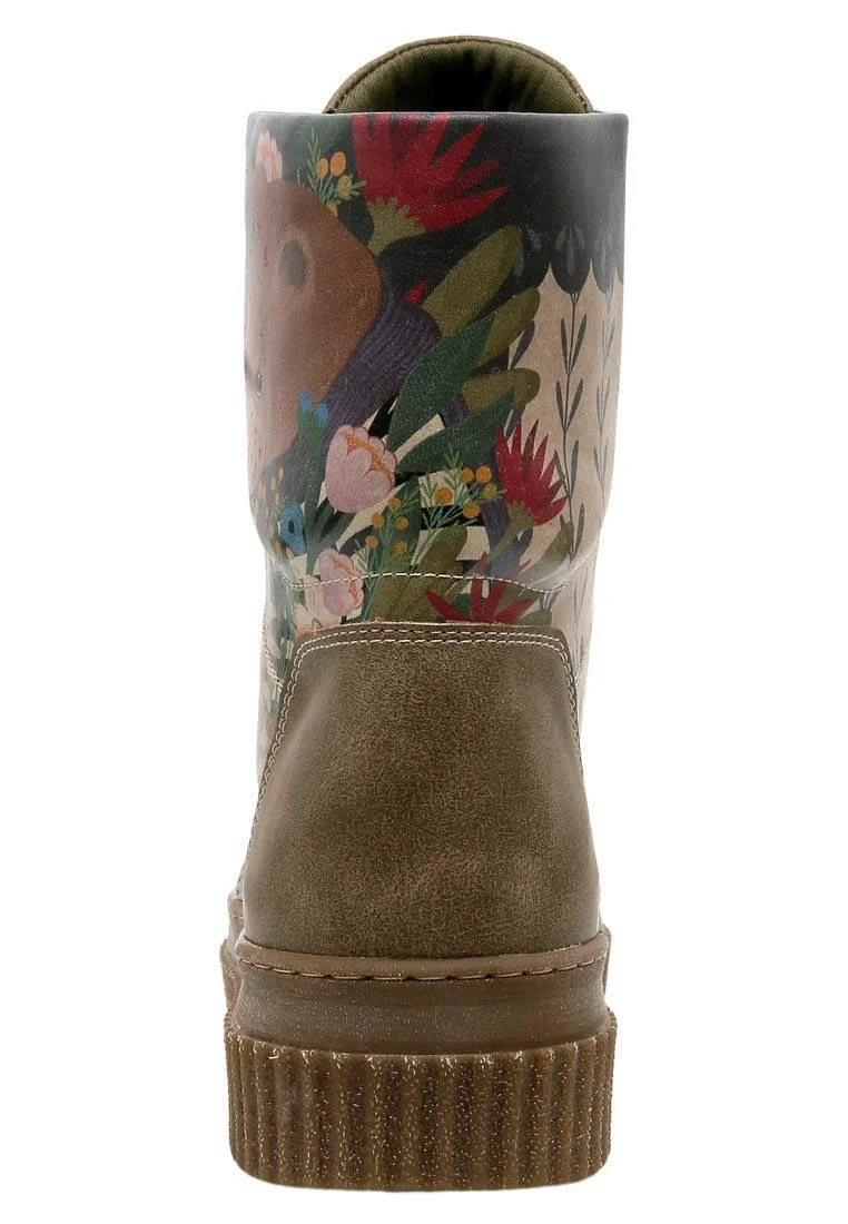 Women Vegan Leather Khaki Long Boots - Bear and Flowers Design
