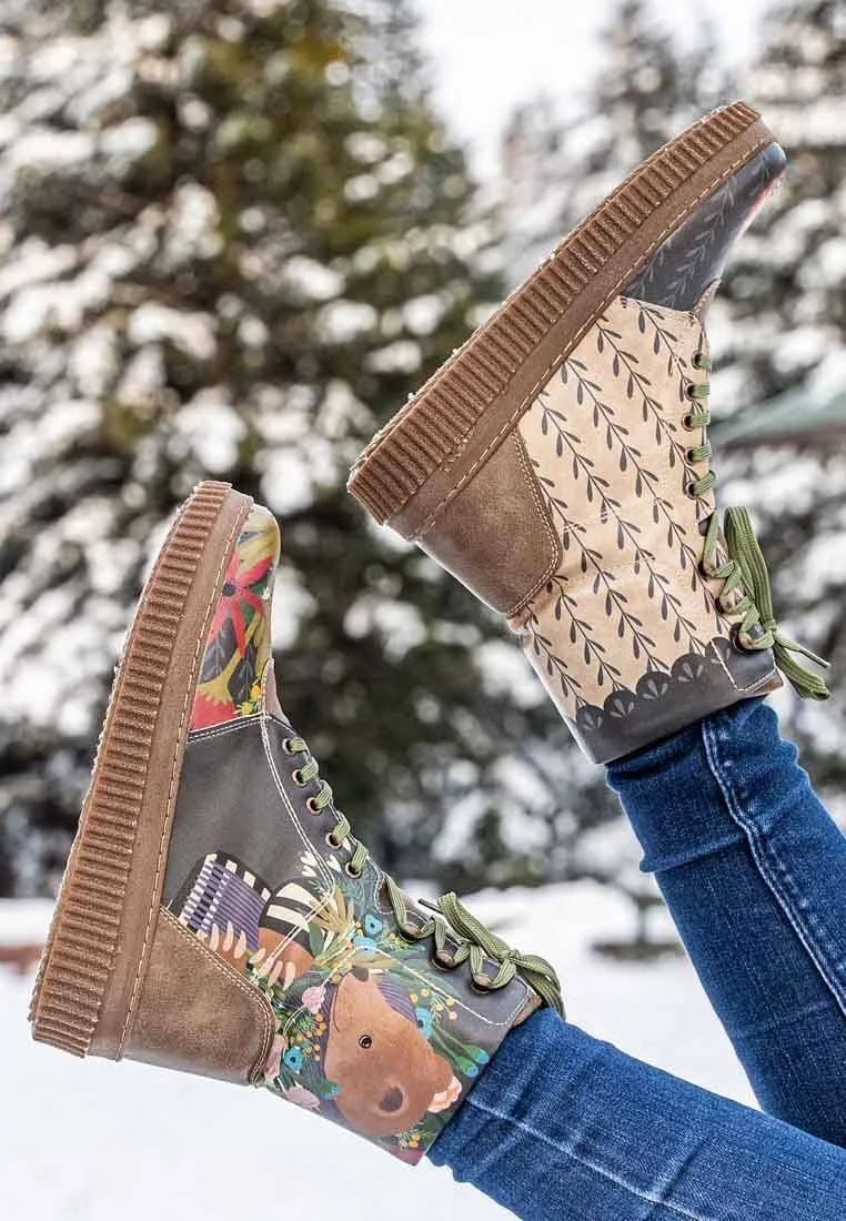 Women Vegan Leather Khaki Long Boots - Bear and Flowers Design