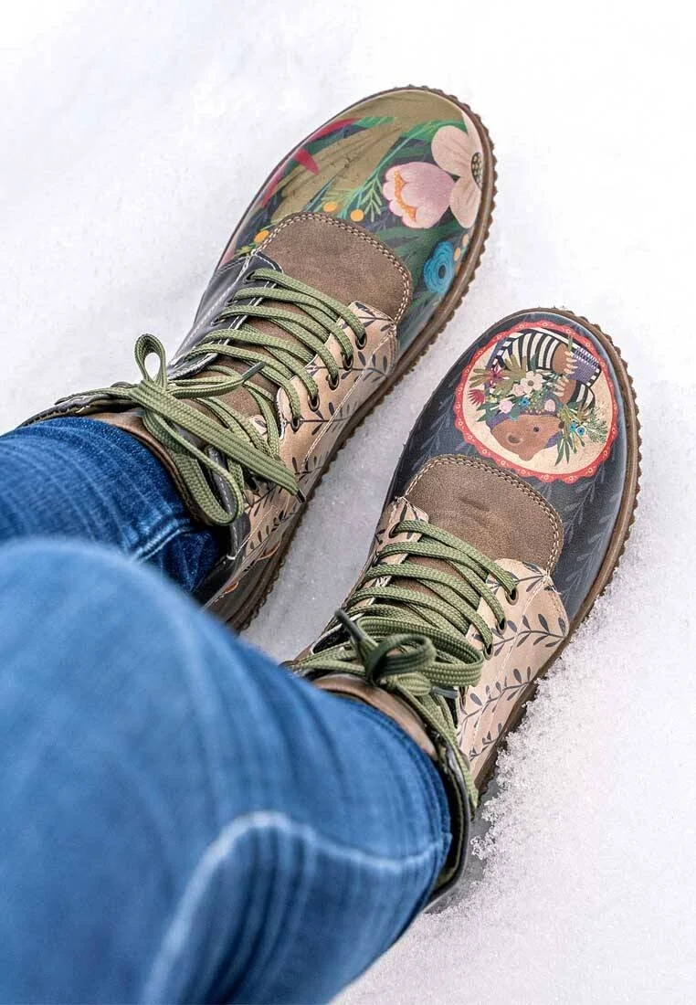 Women Vegan Leather Khaki Long Boots - Bear and Flowers Design