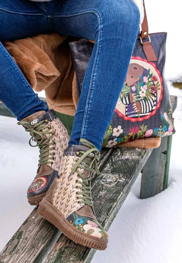 Women Vegan Leather Khaki Long Boots - Bear and Flowers Design