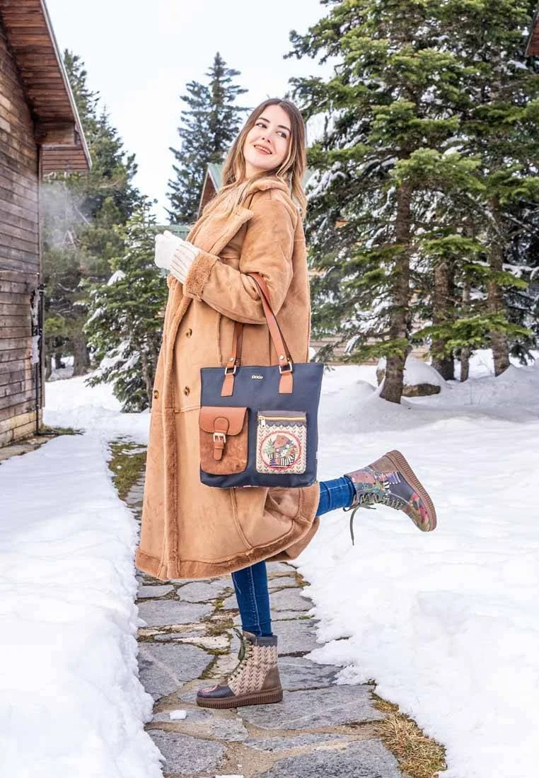 Women Vegan Leather Khaki Long Boots - Bear and Flowers Design
