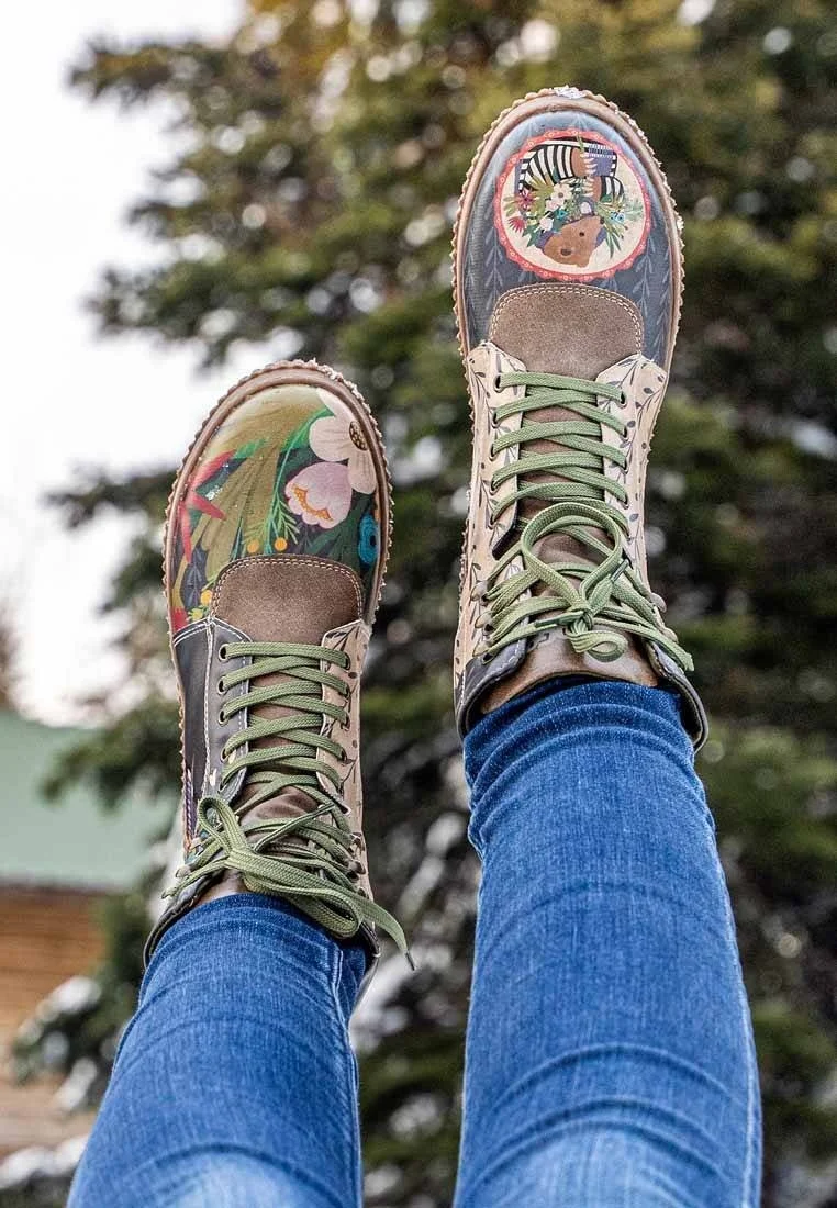 Women Vegan Leather Khaki Long Boots - Bear and Flowers Design