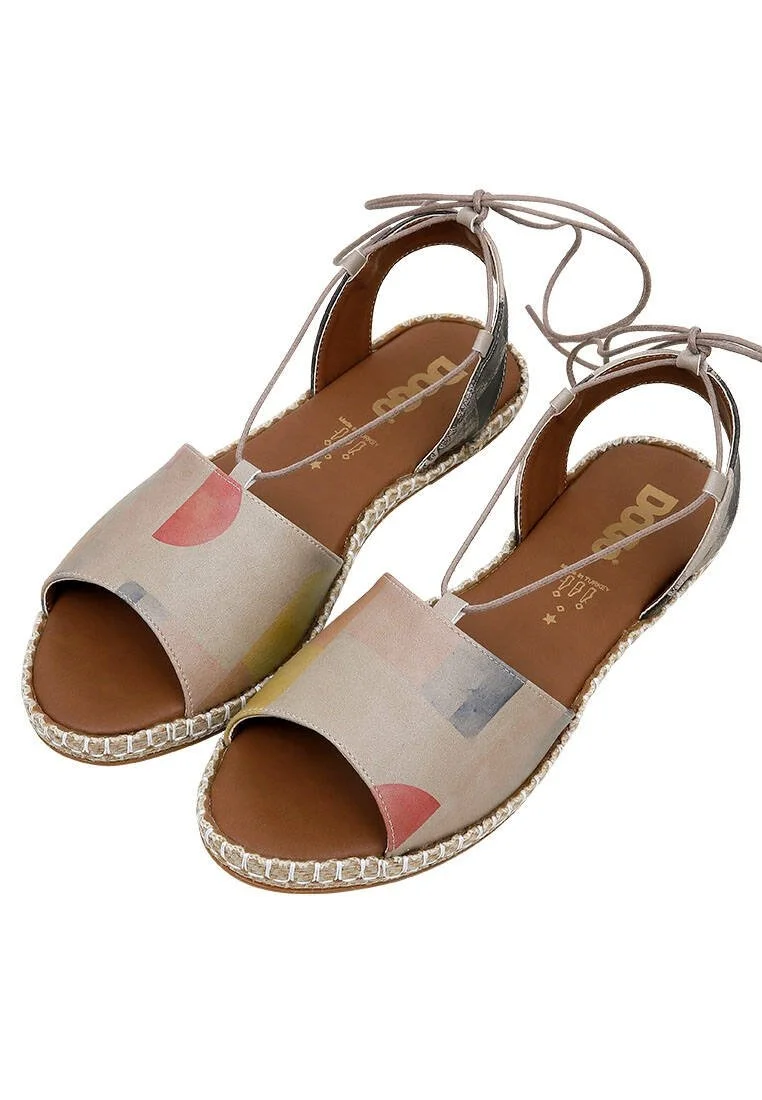 Women Vegan Leather Beige Lace Up Sandals - Geometric Shapes Design