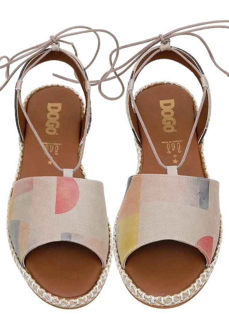 Women Vegan Leather Beige Lace Up Sandals - Geometric Shapes Design