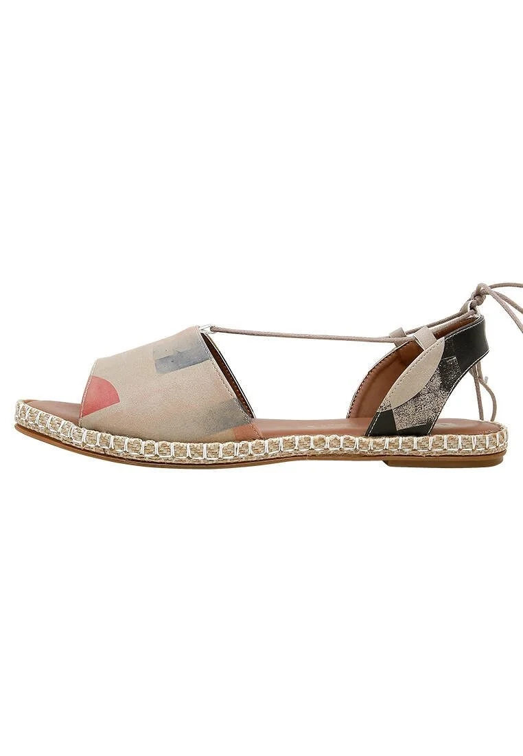 Women Vegan Leather Beige Lace Up Sandals - Geometric Shapes Design