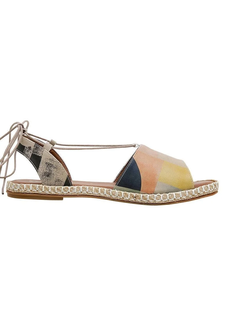Women Vegan Leather Beige Lace Up Sandals - Geometric Shapes Design