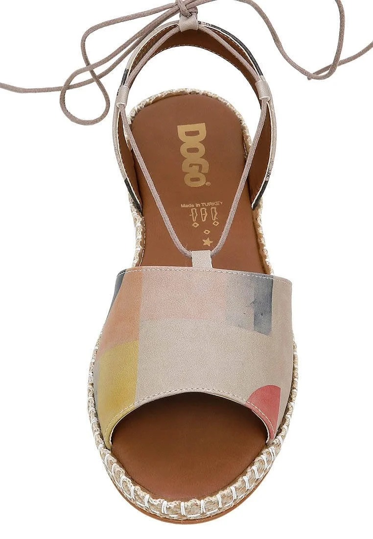 Women Vegan Leather Beige Lace Up Sandals - Geometric Shapes Design