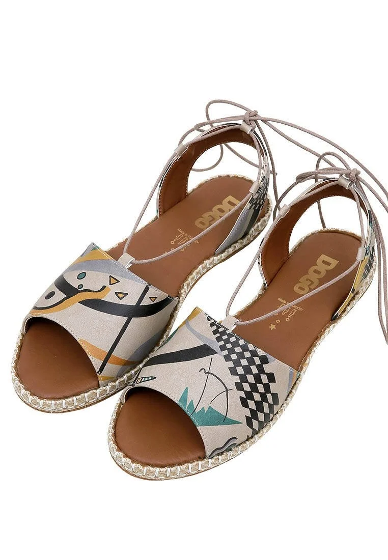 Women Vegan Leather Beige Lace Up Sandals - Listen to the Grass Grow Design