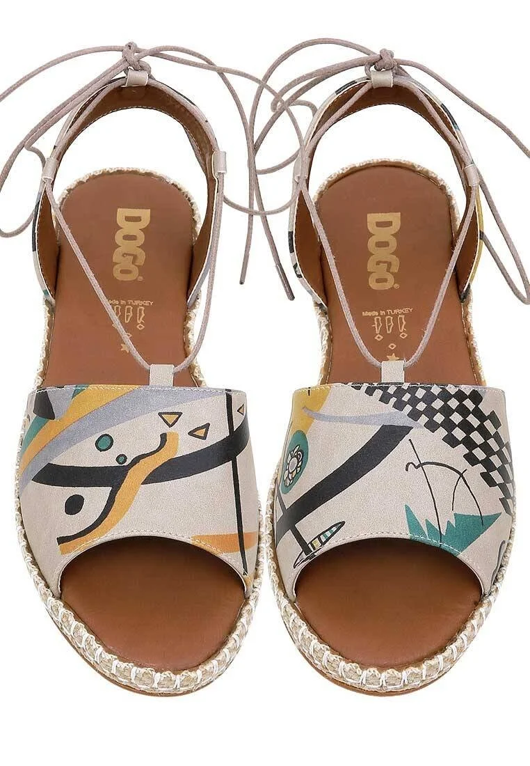 Women Vegan Leather Beige Lace Up Sandals - Listen to the Grass Grow Design