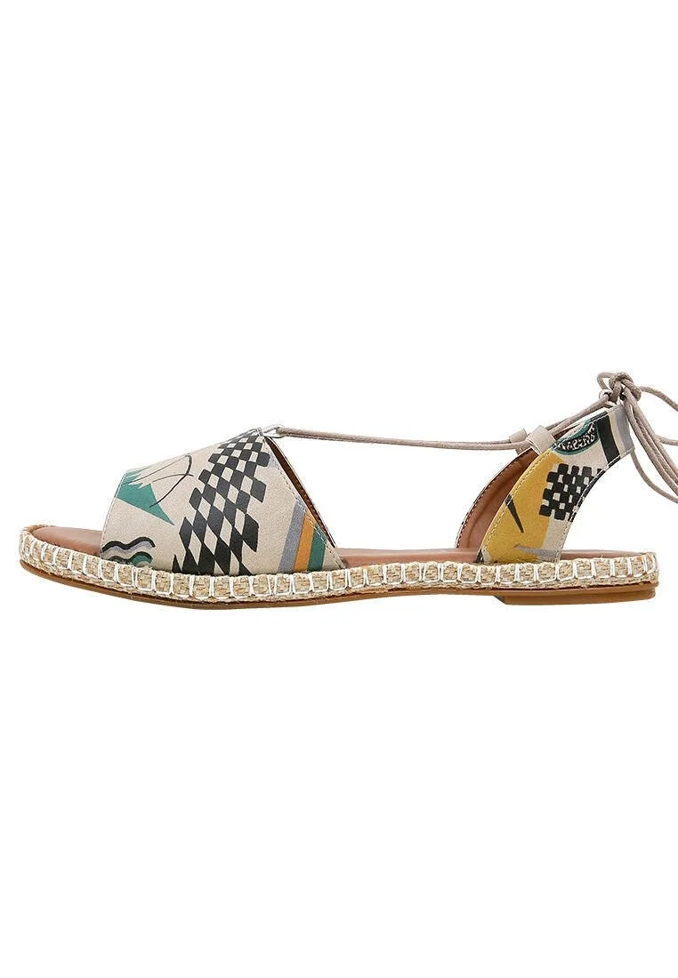 Women Vegan Leather Beige Lace Up Sandals - Listen to the Grass Grow Design