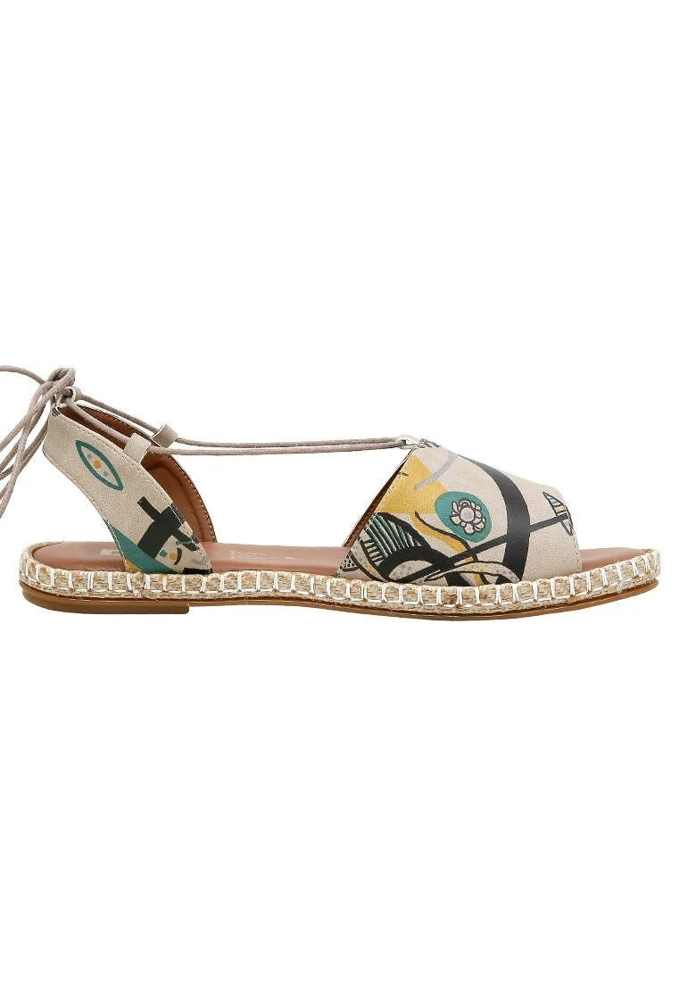 Women Vegan Leather Beige Lace Up Sandals - Listen to the Grass Grow Design