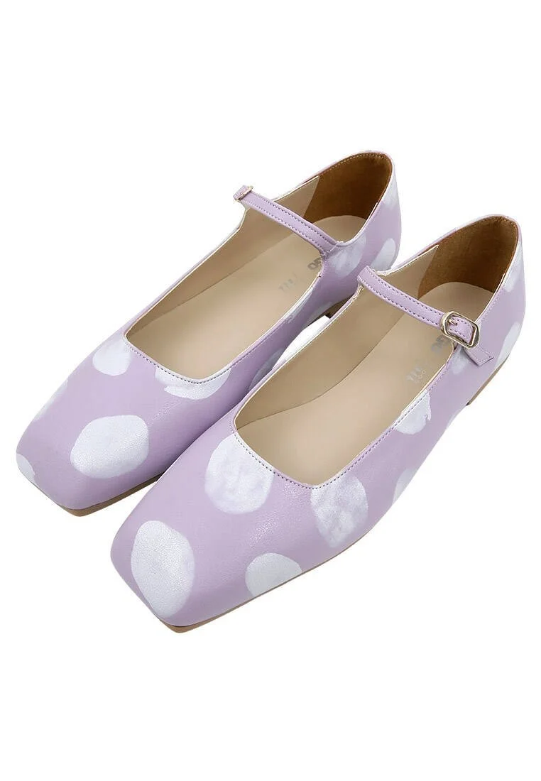 Women Vegan Leather Lilac Ballerinas - Brush Dots White Design