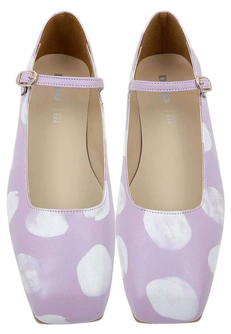 Women Vegan Leather Lilac Ballerinas - Brush Dots White Design
