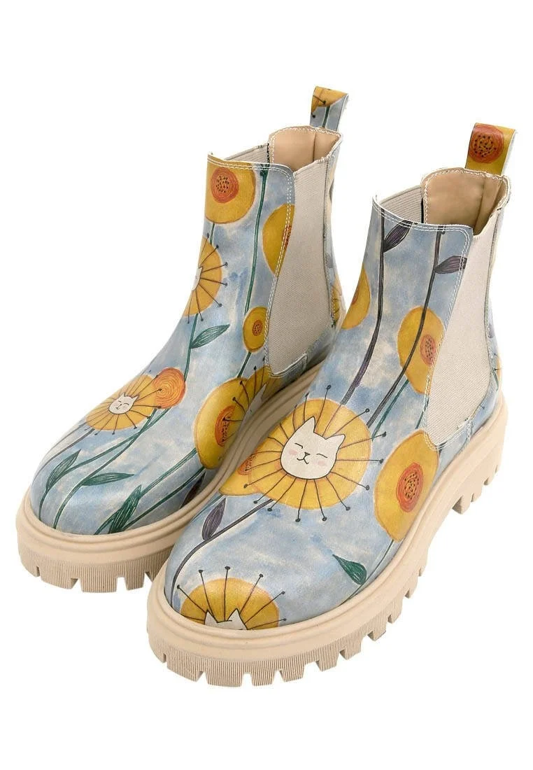 Women Vegan Leather Multicolor Long Boots - Cat Flower Design