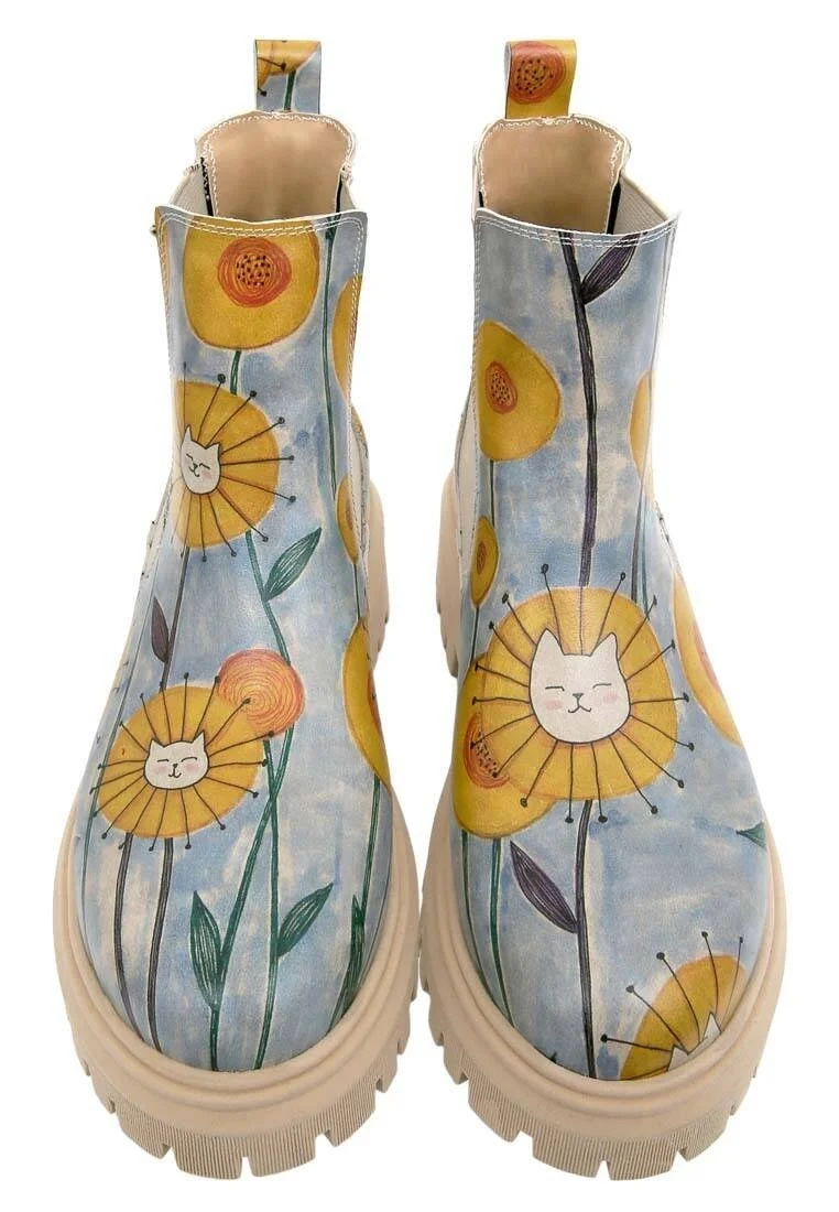 Women Vegan Leather Multicolor Long Boots - Cat Flower Design