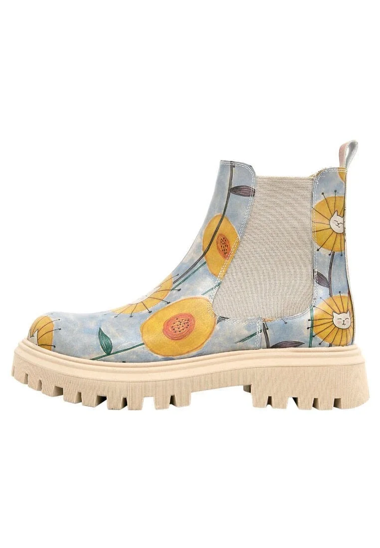 Women Vegan Leather Multicolor Long Boots - Cat Flower Design