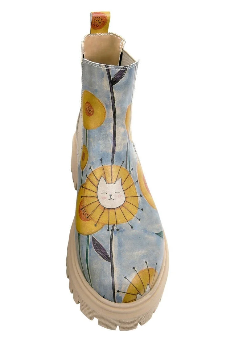 Women Vegan Leather Multicolor Long Boots - Cat Flower Design