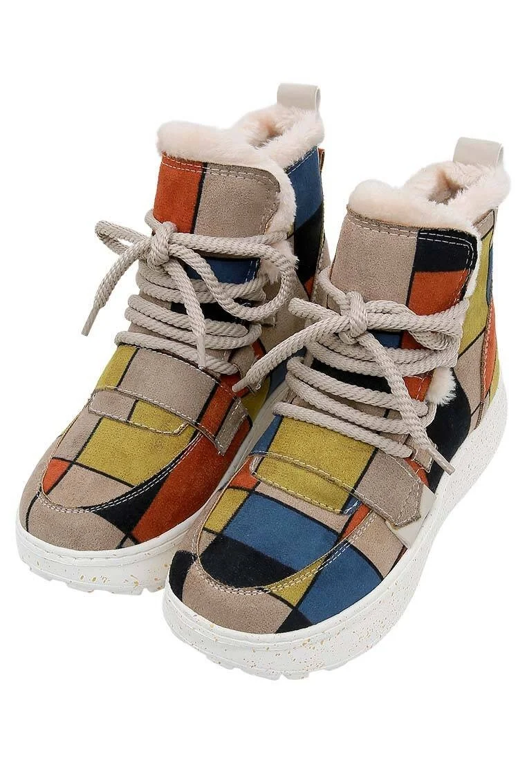 Women Vegan Leather Multicolor Boots - Piet-Mondrian Design