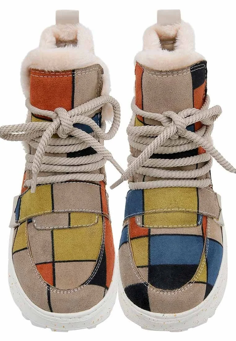 Women Vegan Leather Multicolor Boots - Piet-Mondrian Design