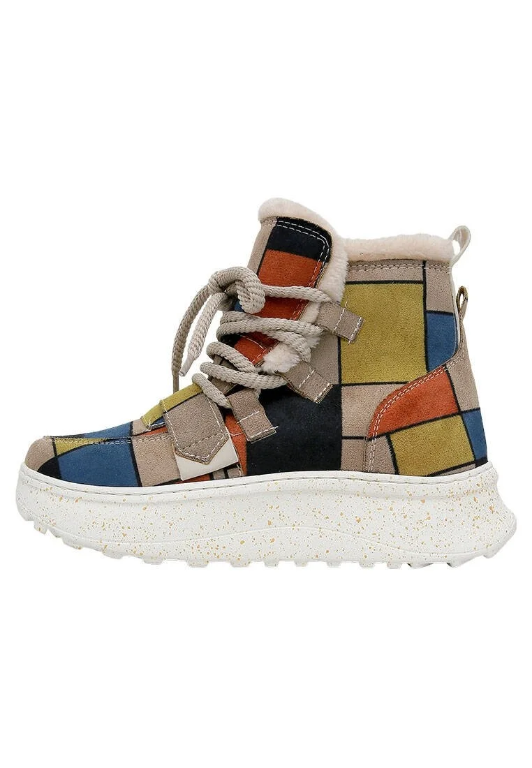 Women Vegan Leather Multicolor Boots - Piet-Mondrian Design