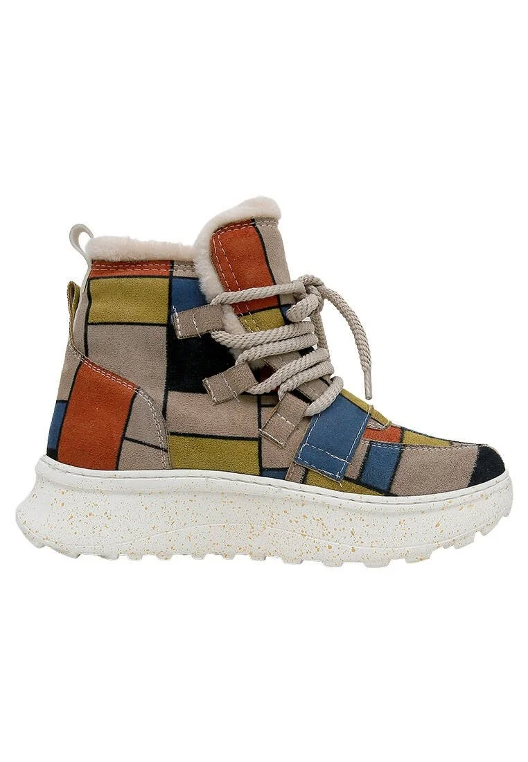 Women Vegan Leather Multicolor Boots - Piet-Mondrian Design