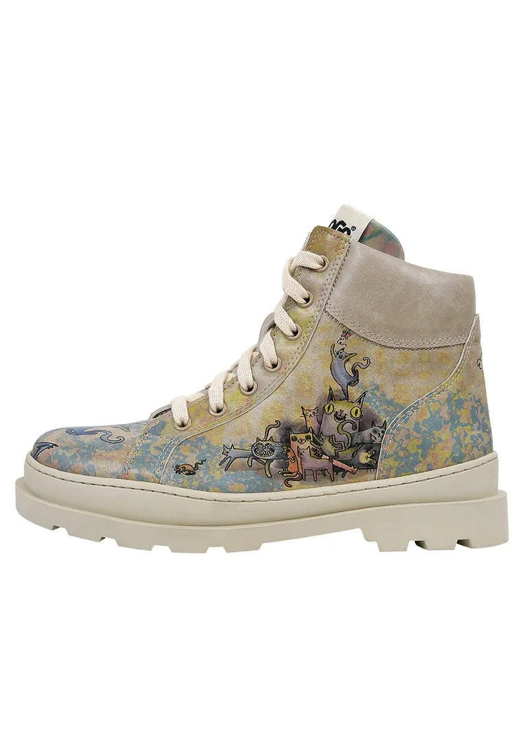 Women Vegan Leather Multicolor Boots - Cat Person Design