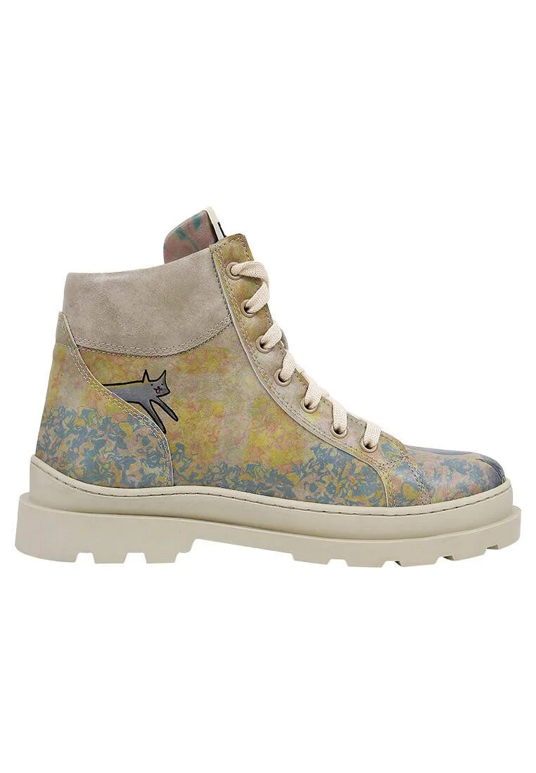 Women Vegan Leather Multicolor Boots - Cat Person Design