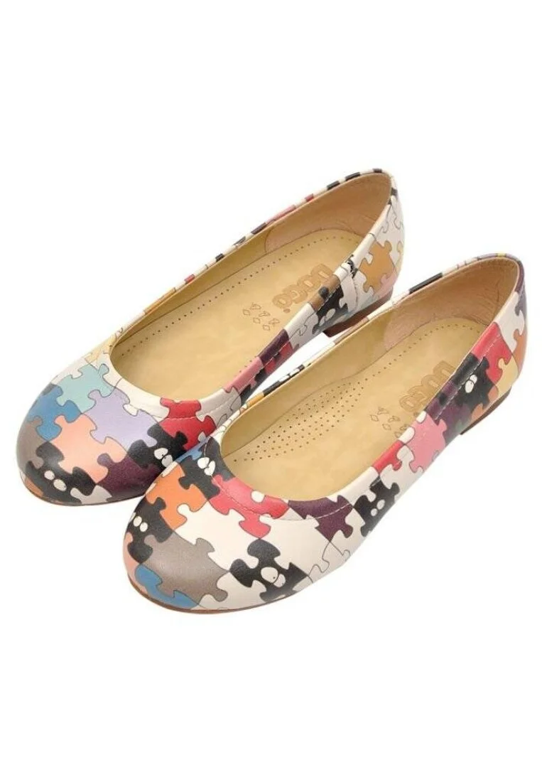 Women Vegan Leather Multicolor Flat Shoes - In the Puzzle Design