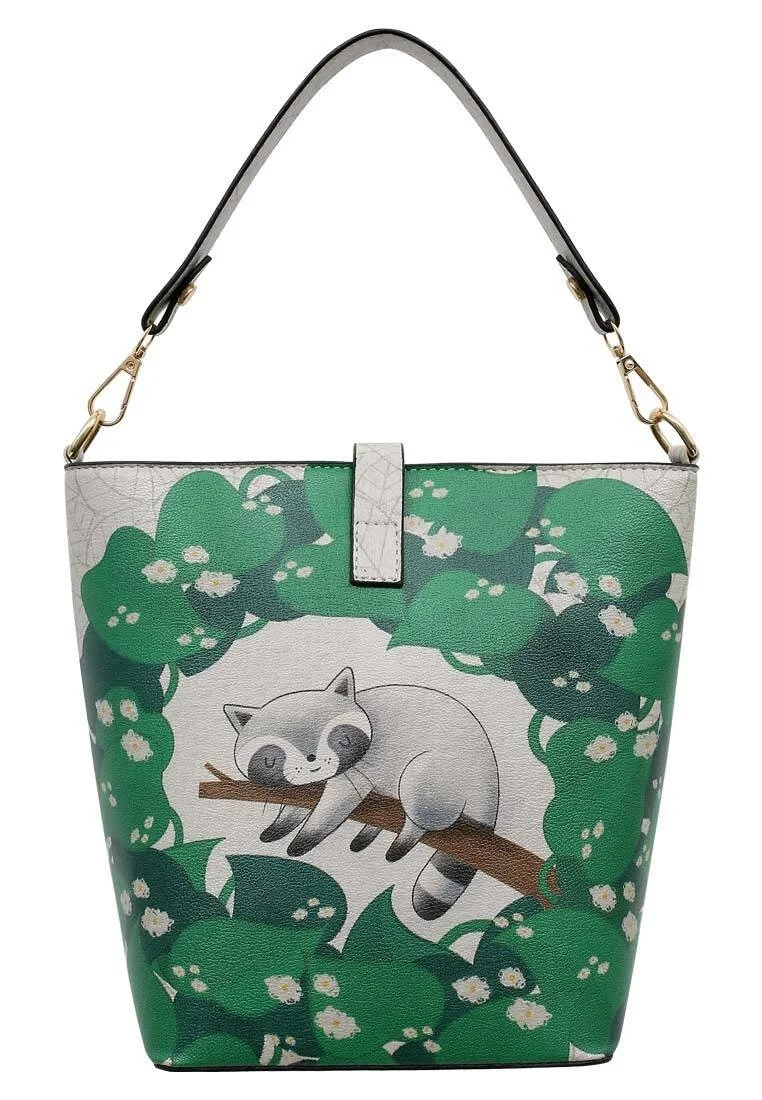 Women Vegan Leather Multicolor Handbag - Restful Raccoon Design