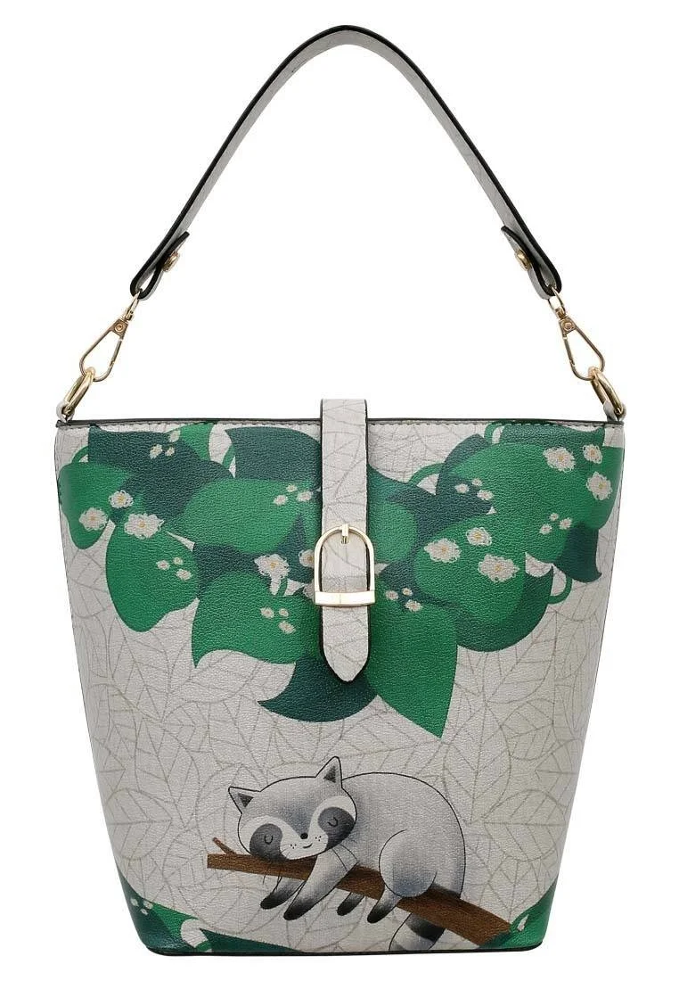 Women Vegan Leather Multicolor Handbag - Restful Raccoon Design