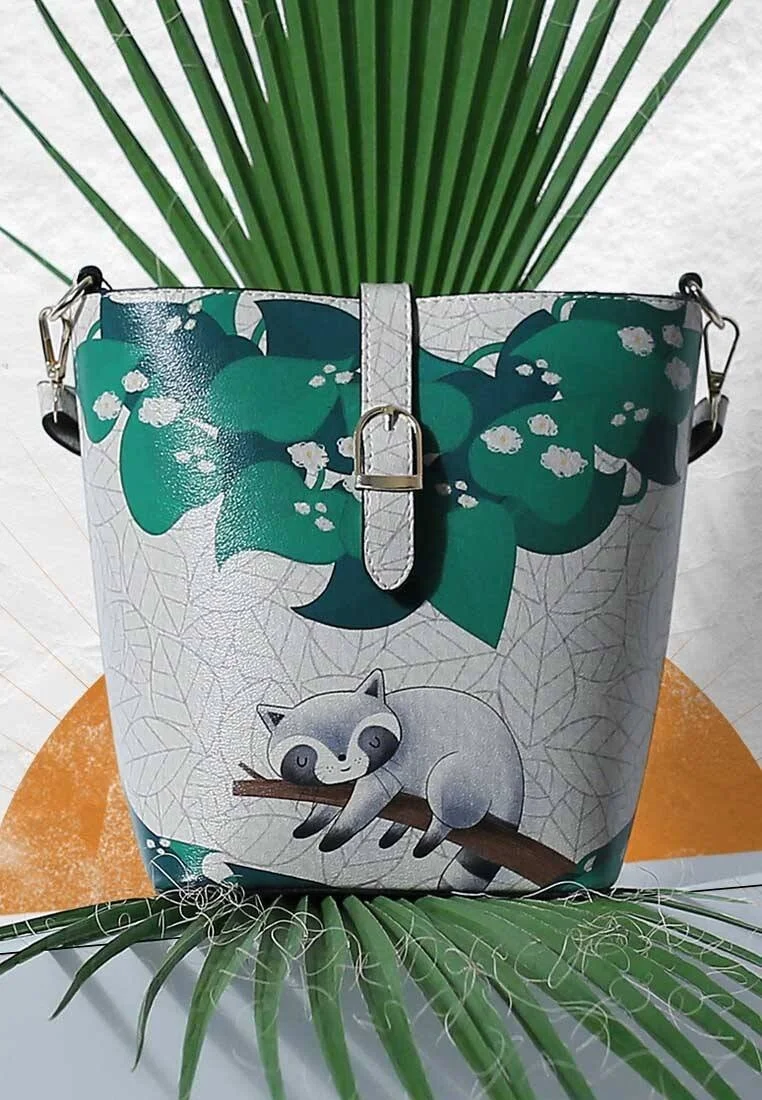 Women Vegan Leather Multicolor Handbag - Restful Raccoon Design