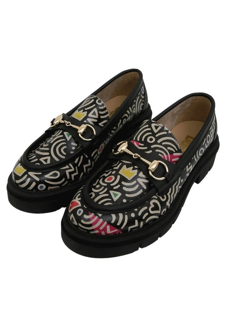 Women Vegan Leather Multicolor Loafers - Abstract Outline Design