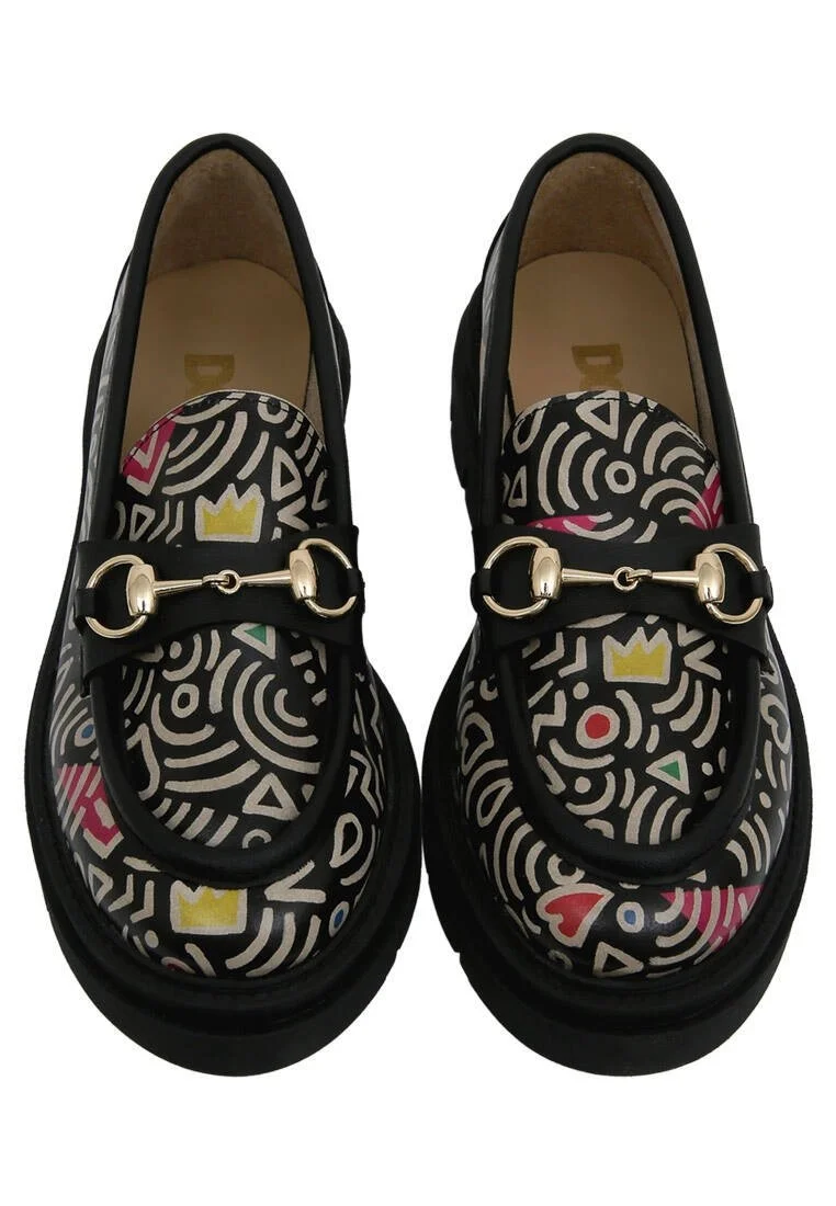 Women Vegan Leather Multicolor Loafers - Abstract Outline Design