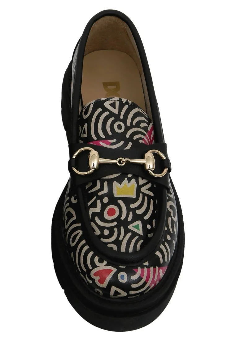 Women Vegan Leather Multicolor Loafers - Abstract Outline Design