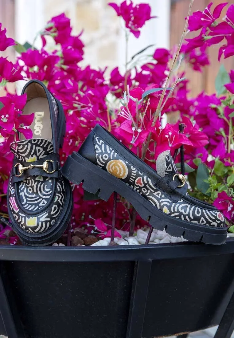 Women Vegan Leather Multicolor Loafers - Abstract Outline Design