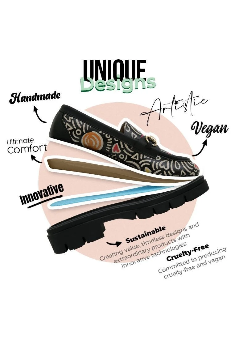 Women Vegan Leather Multicolor Loafers - Abstract Outline Design