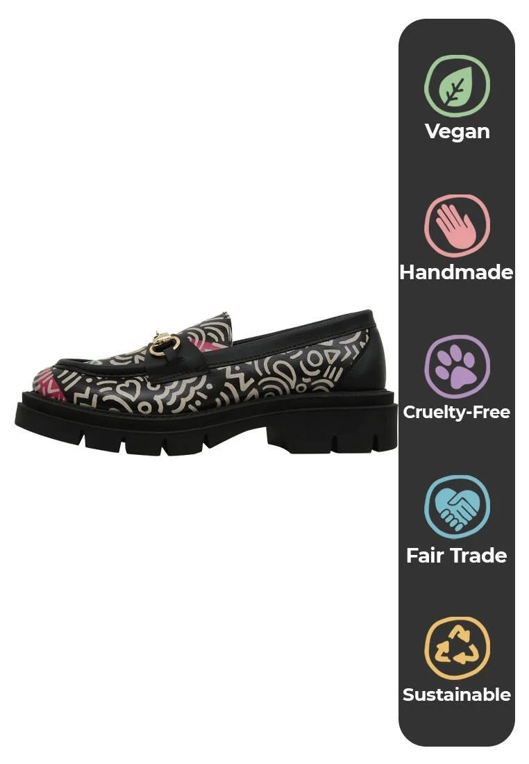 Women Vegan Leather Multicolor Loafers - Abstract Outline Design