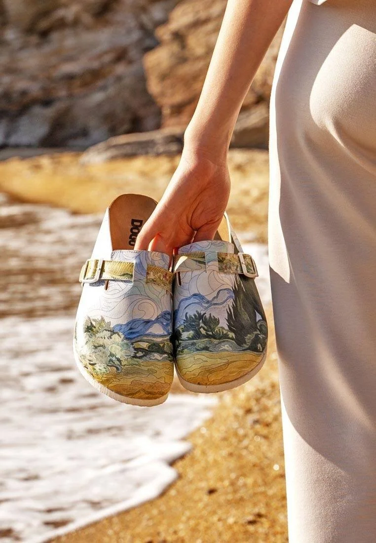 Women Vegan Leather Multicolor Slippers - Vincent van Gogh A Wheat Field with Cypresses Design