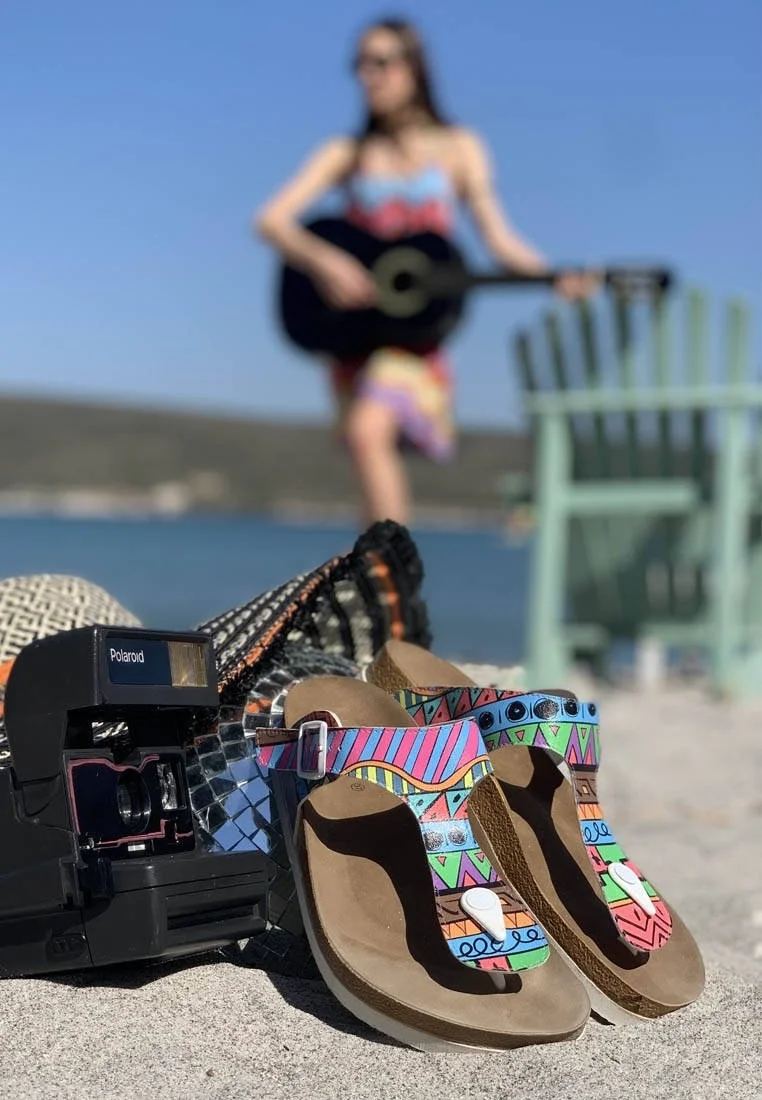 Women Vegan Leather Multicolor Slippers - Colors of Patterns Design