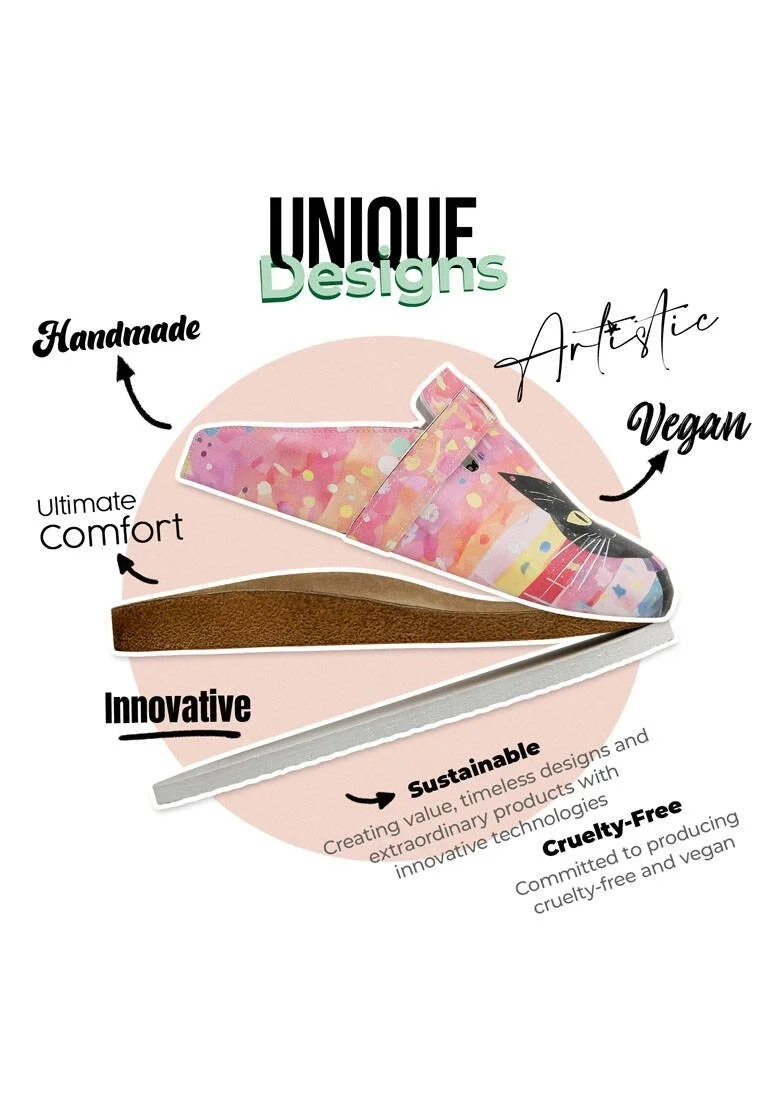 Women Vegan Leather Multicolor Slippers - Party Cat Design