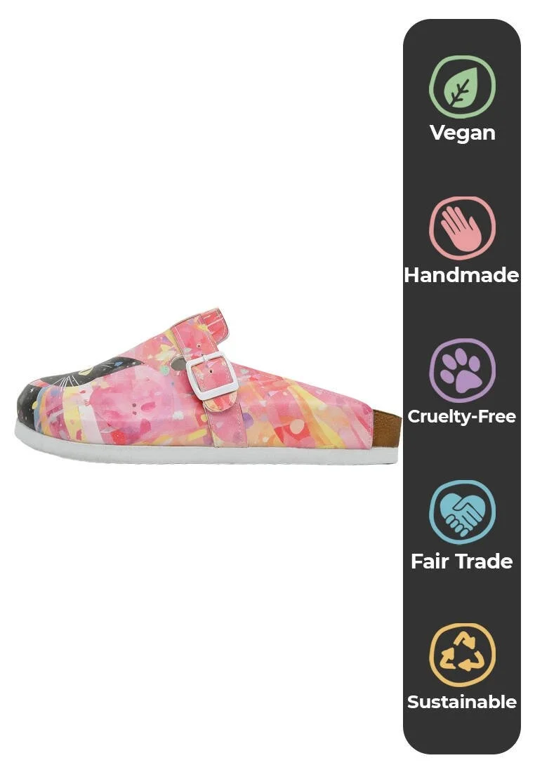 Women Vegan Leather Multicolor Slippers - Party Cat Design