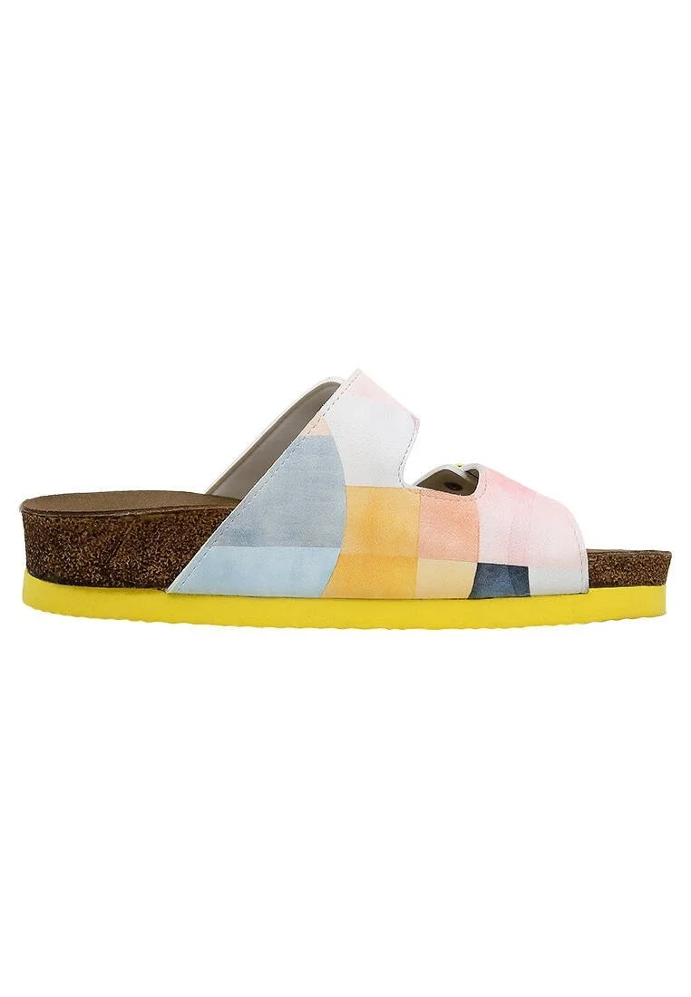 Women Vegan Leather Multicolor Slippers - Geometric Shapes Design