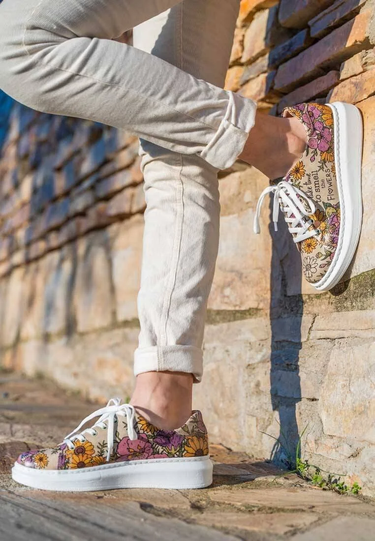 Women Vegan Leather Multicolor Sneakers - Smell The Flowers Design