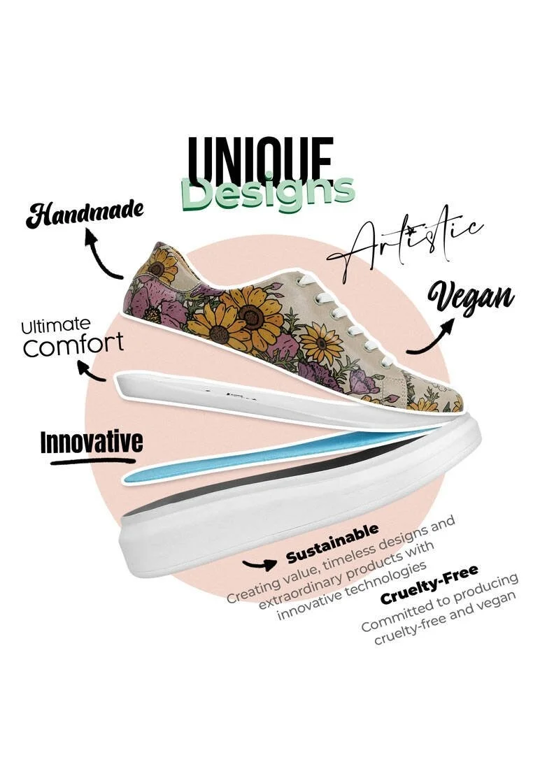 Women Vegan Leather Multicolor Sneakers - Smell The Flowers Design