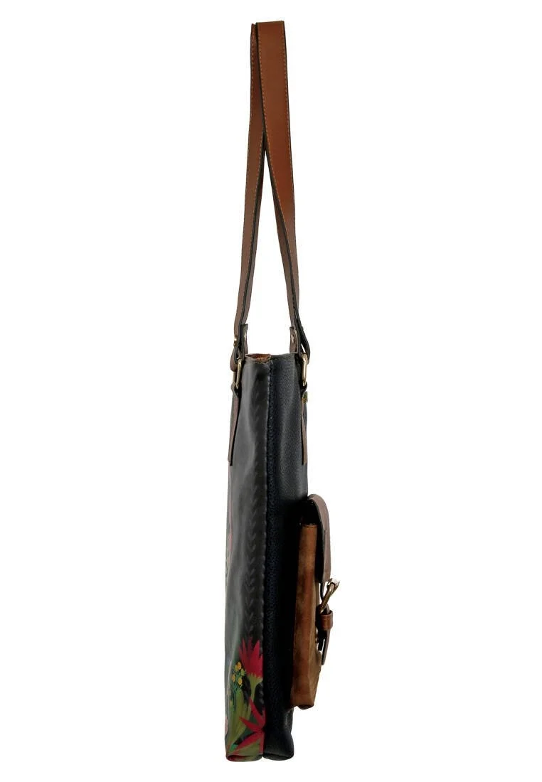 Women Vegan Leather Navy Shoulder Bag - Bear and Flowers Design