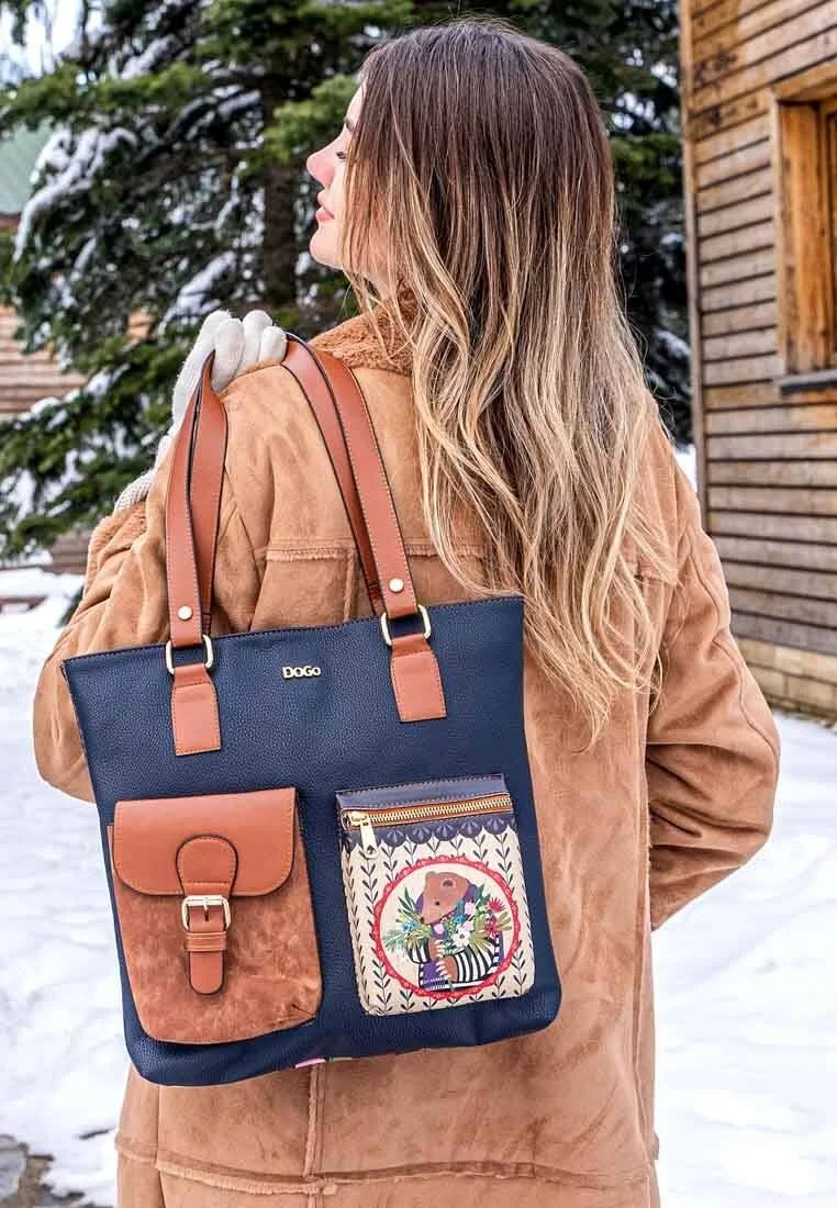 Women Vegan Leather Navy Shoulder Bag - Bear and Flowers Design